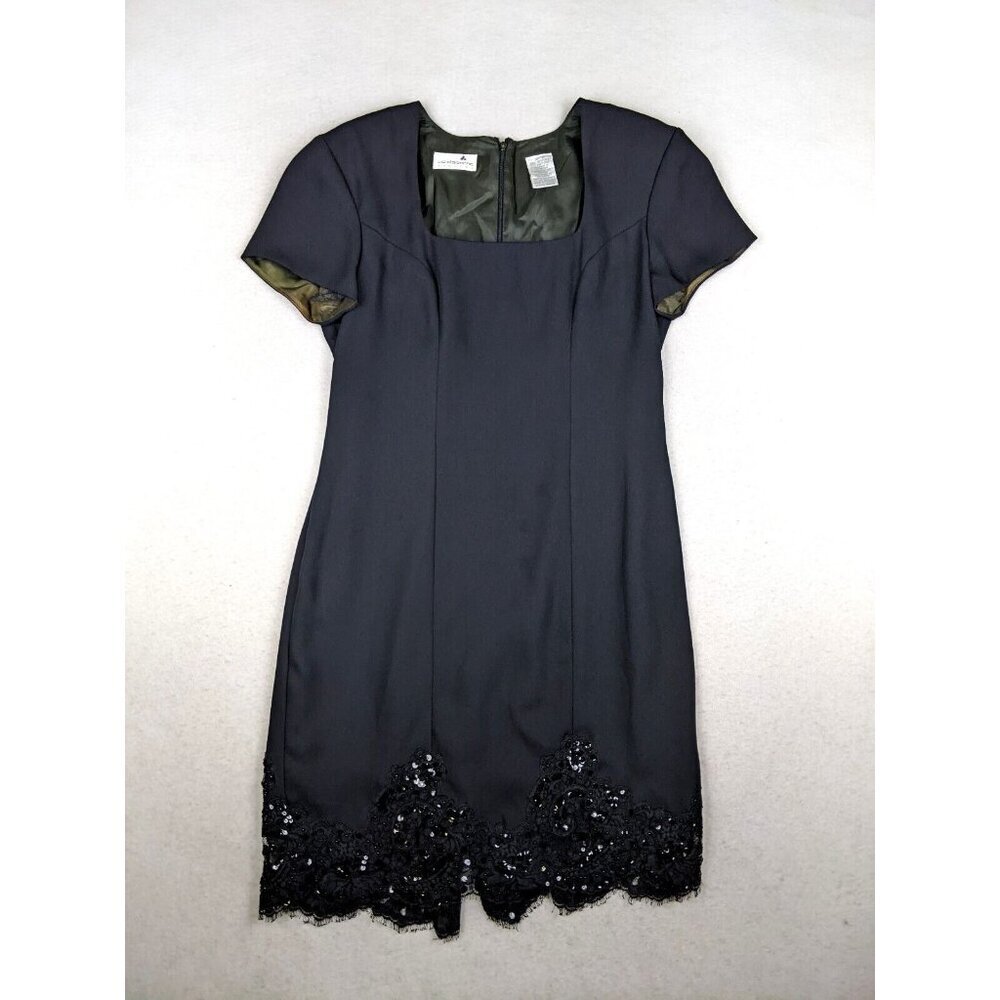 VINTAGE LIZ CLAIBORNE WOMEN'S BLACK SHORT SLEEVE SHEATH DRESS LACE TRIM - SIZE 8